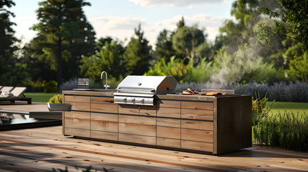 3d rendering of a wooden barbeque on terrace.の素材
