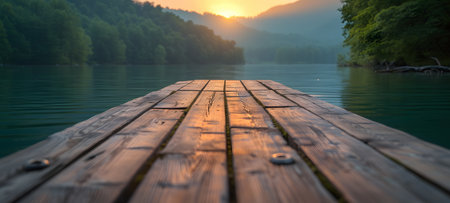 Wooden pier on the lake in the morning. Beautiful summer landscapeの素材