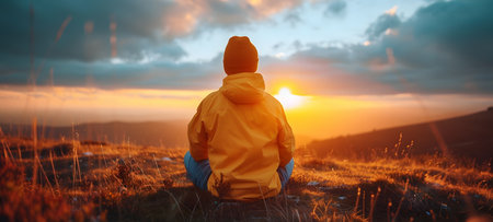 Backpacker sitting on top of a mountain and looking at the sunsetの素材