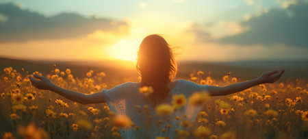 Young woman in a field of sunflowers at sunset or sunriseの素材