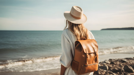 stylish young woman in hat with backpack standing on seashoreの素材