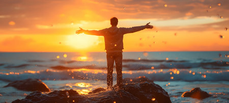 Young boy playing on the beach at the sunset time. Concept of active lifestyle and freedom.の素材