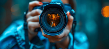 Close-up of a camera in the hands of a girl.の素材