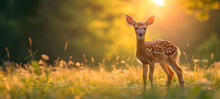 Young whitetail deer fawn in a meadow at sunsetの素材