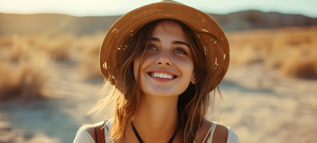 Portrait of a beautiful girl in a straw hat on the beach.の素材