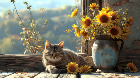 Cute cat and sunflowers in vase on wooden table outdoorsの素材