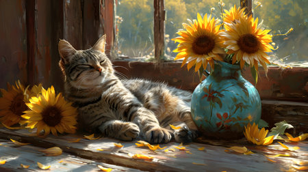 Cute cat lying on the windowsill with sunflowers and vaseの素材