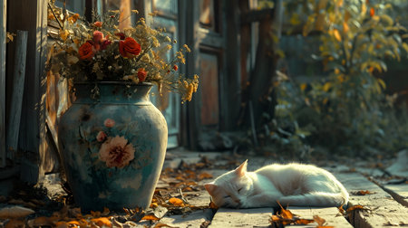White cat and a vase of flowers in the autumn garden.の素材