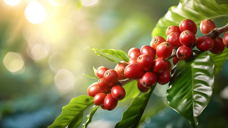 Coffee beans ripening on a branch with nature background.の素材