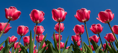 Tulips in springtime against a blue sky with clouds.の素材
