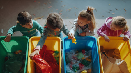 Top view of children sorting plastic waste in trash bins at recycling centerの素材