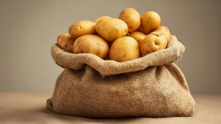 Potatoes in a burlap bag on a brown background. Toned.の素材