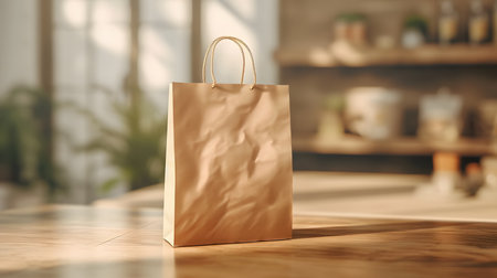 Paper shopping bag on wooden table in kitchen. Mockup for designの素材