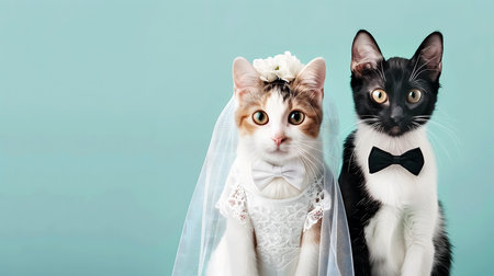 Two cats in wedding dress and bow tie on a blue background.の素材
