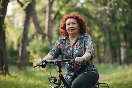Elderly woman with red hair riding a bicycle in the parkの素材