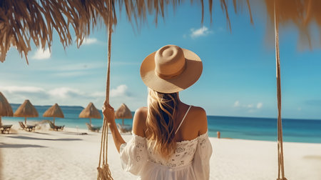 Young woman in straw hat and white dress swinging on hammock on tropical beachの素材
