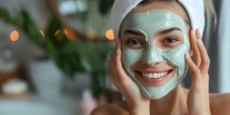Beautiful young woman with clay mask on face at home, panoramaの素材