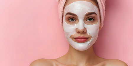 Beautiful woman with clay facial mask on her face, pink backgroundの素材