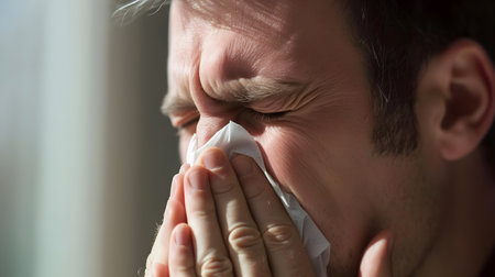 Man sneezing into tissue, close-up. Sick man with runny noseの素材