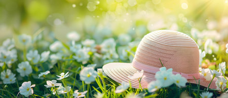 Straw hat on green grass with white flowers in sunny day.の素材