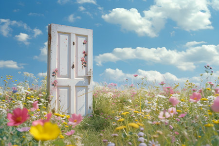 White door in a meadow with wildflowers and blue skyの素材