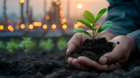 Hands holding young plant in soil with blurred city background, Ecology conceptの素材