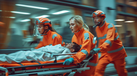 Team of doctors and nurses in orange uniform performing resuscitation on patientの素材