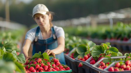 Young woman gardener harvesting strawberries in a greenhouse, selective focus.の素材