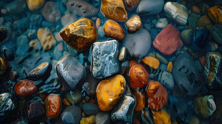 Colorful stones in the water on a background of blue sky.の素材