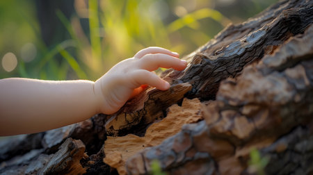 Child's hand on the bark of a tree in the forest.の素材
