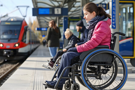 Disabled woman waiting for train at the platform of the railway stationの素材