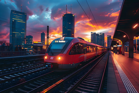Modern high-speed passenger train arrives at the station at sunset.の素材