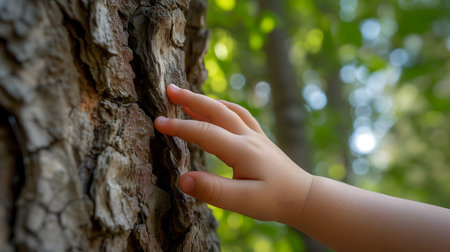 A child's hand reaches for the trunk of a tree in the forestの素材