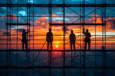Silhouette of construction workers on scaffolding at sunset background.の素材