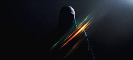 Silhouette of a muslim woman in a veil against a dark backgroundの素材