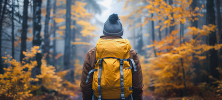 A man with a yellow backpack in the autumn forest. Travel concept.の素材