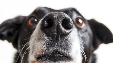 Close up of dog's nose on white background. Shallow depth of fieldの素材