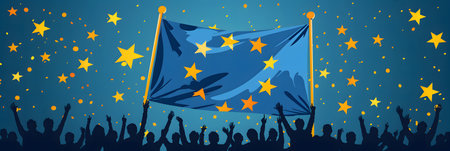 Crowd of people waving the flag of the European Union. Vector illustration.の素材