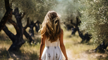 Young woman in olive grove on a sunny day, rear viewの素材