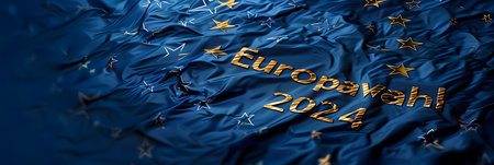 Waving European Union Flag with 2020 Happy New Year text, 3d renderingの素材