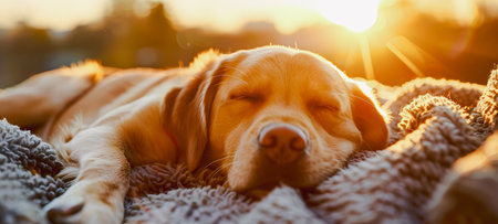 Labrador retriever puppy sleeping on a blanket in sunset light.の素材