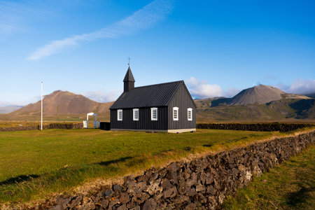 Small black church in the village of Vik I Myrdal, Icelandの写真素材