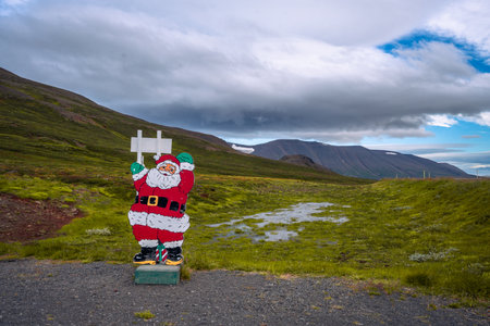 Iceland, Reykjanes Peninsula, Santa Claus on the roadの写真素材