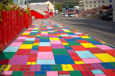 Colorful paving slabs on a street in Reykjavik, Icelandの写真素材