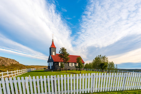 Old wooden church in Reykjavik, Iceland in a summer dayの写真素材