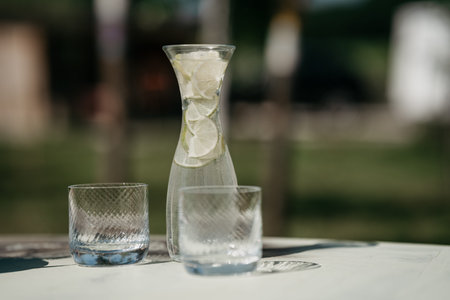 Jug and glass with fresh water and lemon slices on a gray table outdoors.の写真素材