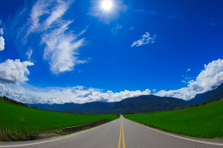 Mr. Brown Avenue. Blue sky, white clouds, rice fields combined into picturesque. East Rift Valley...