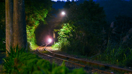 The train with the lights on is running through the mountains and forests. Sandiaoling Railway...
