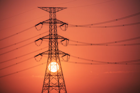 A view of a sunset full of power at twilight. High-voltage electric towers in the foreground. Marsonda Bridge, Tainan City, Taiwanの写真素材