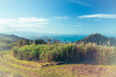 Spring mountain landscape. People feel comfortable, free and at peace. The scenery of mountains and seas in Ruifang, New Taipei City.の写真素材